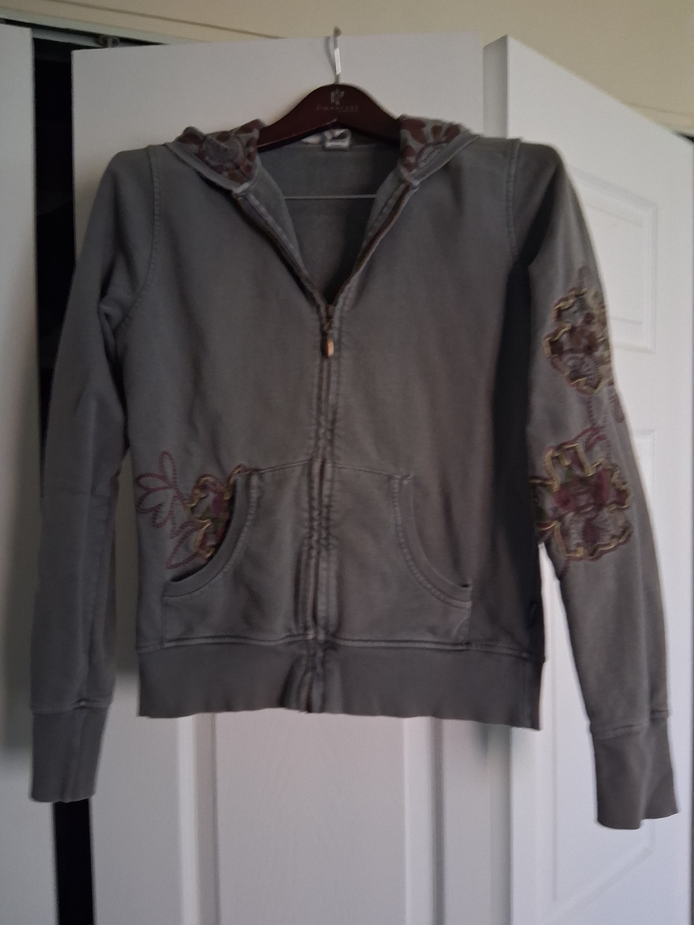 PrAna Women's Gray Zip-Up Hoodie  with Floral Embroidery